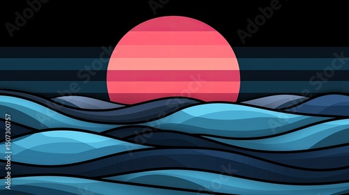 A graphic illustration depicts sunset over a stylized ocean landscape