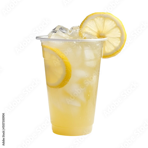 Front view of A Clear plastic cup filled Lemonade with iced isolated [Transparent Background PNG].