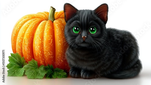 Black cat kitten with striking green eyes beside an pumpkin on a white background. Perfect for Halloween, fall, kids.