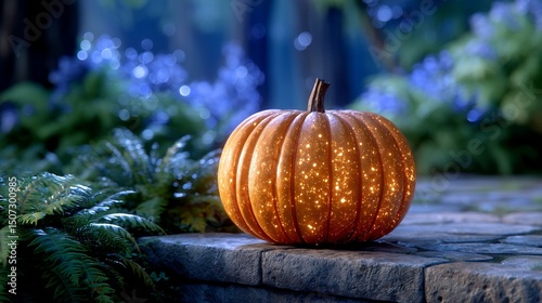 Enchanted Halloween Glow Sparkling Pumpkin, Blue Bokeh. Ideal Festive Background.