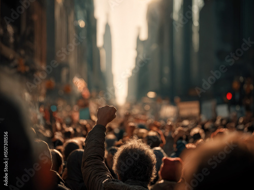man with his fist up in the air, group of people protesting in the street, march seen from behind, summer time	
