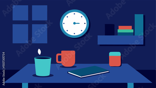 Background Props The room is decorated with various props such as a clock showing late hours a notepad on the table and a coffee cup conveying the atmosphere of a long