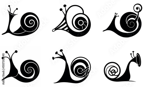 Cute Black and White Snail Silhouettes Set