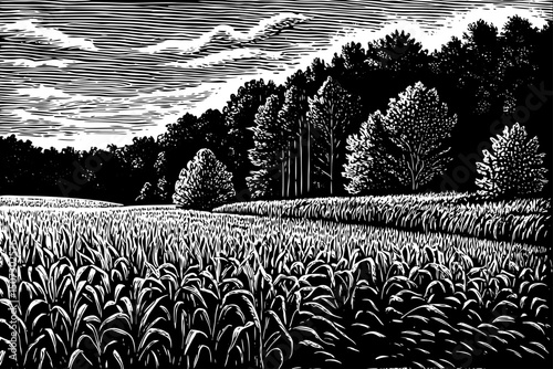 rural field bordered by a forest black and white isolated hand drawn sketch vector