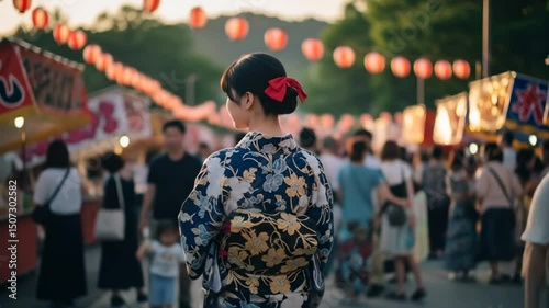 Woman in Kimono at Japanese Summer Festival