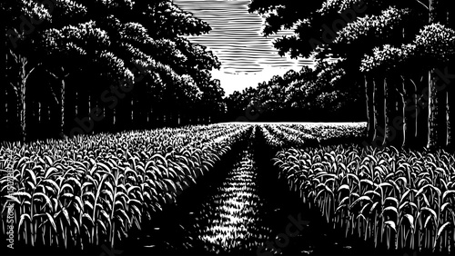 rural field bordered by a forest black and white isolated hand drawn sketch vector