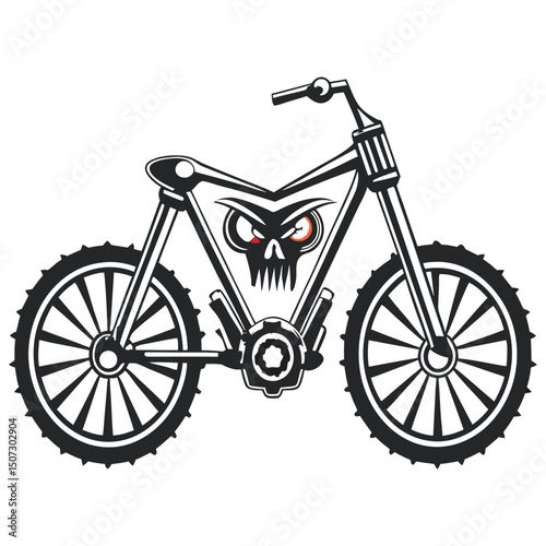 Stylized Dirt Bike with Skull Accent: Monochrome Graphic Icon for Motorsports and Extreme Sports Design on Isolated White Background                  