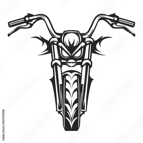 Stylized Front View of Motorcycle in Black and White with Barbed Detail, Minimal Design, Ideal for Customization and Graphic Integration              