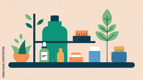 Natural Elements An illustration showing a shelf with natural oils and herbal products arranged aesthetically emphasizing the holistic approach of the wellness clinic.