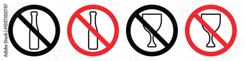 No Alcohol and Cigarettes Vector Icons – Prohibited Symbol Set for Warning Signs.