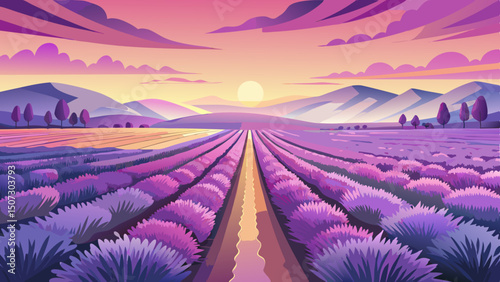 A serene lavender field stretches across the horizon, bathed in the soft light of sunrise. Pastel colors fill the sky, creating a peaceful and dreamy vector scene.