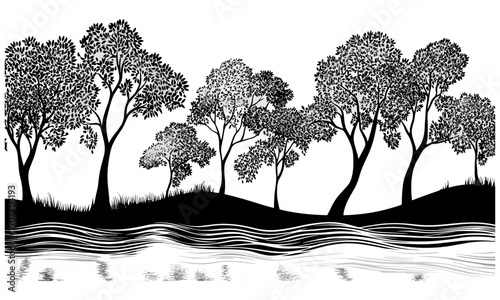 Floodplain Forest with Sycamore Trees, fertile riverbank, seasonal waterside illustration, curved trunk vector, soft edge canopy, natural landscape, vector illustration, river ecosystem.