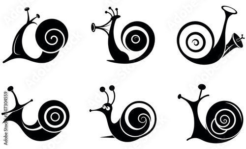 Cute Black and White Snail Silhouettes Set