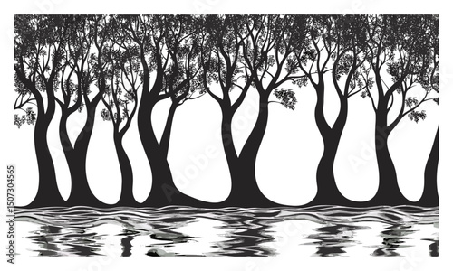 Floodplain Forest Design, Sycamore Tree Silhouettes, curved trunk clipart, soft edge canopy, fertile river, seasonal waterside scene, vector illustration, nature landscape.