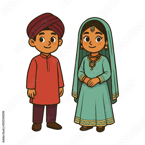Cute Boy and Girl in South Asian Traditional Clothes Art & Illustration