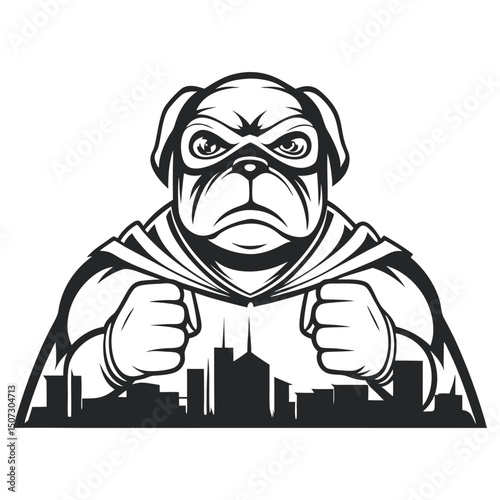 Strong Superhero Pug Vector: Canine Guardian Over City Skyline, Ready to Defend in Black and White                                                    