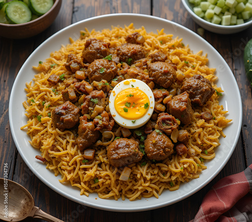lavorful Bangladeshi Kacchi Biriyani Feast in Rustic Setting photo