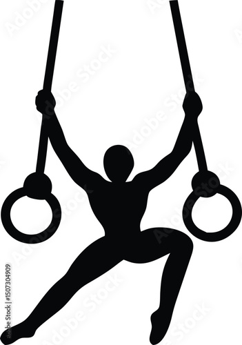 Silhouette of gymnast performing on rings: A symbol of strength, athleticism, and precision on a white background.                                    