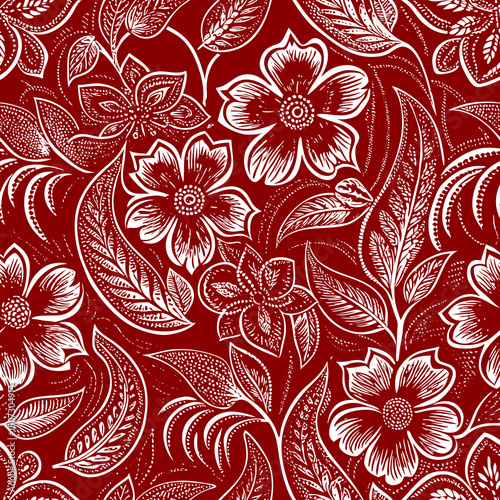 Seamless vector background with flowers on red background. 