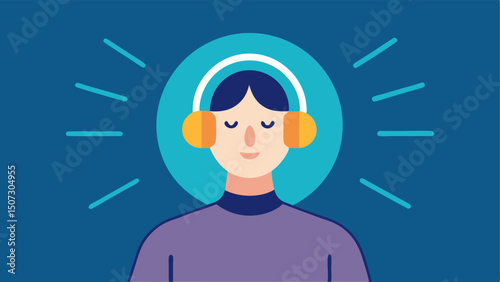 Light and Sound A person with a headset on with graphic sound waves and light beams radiating from the device illustrating the auditory and visual elements of the meditation