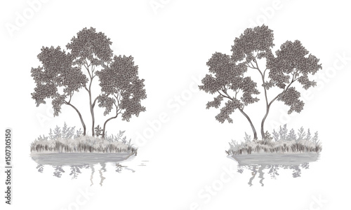 Fertile River Floodplain Forest, Sycamore tree silhouettes, soft edge canopy, curved trunk clipart, seasonal waterside habitat, vector illustration, forest ecology, riverside vegetation.