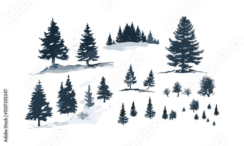 Fir tree forest silhouette, snow scene, hand-drawn tree vector, seasonal wild nature, Arctic landscape, winter woods, conifer vector illustration by default, cold climate flora. christmas tree
