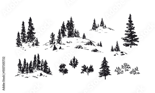 Snow forest silhouette, fir tree vector, hand-drawn seasonal nature, Arctic wilderness, winter landscape, pine tree outline, wild nature scene, vector illustration by default, christmas treechrist