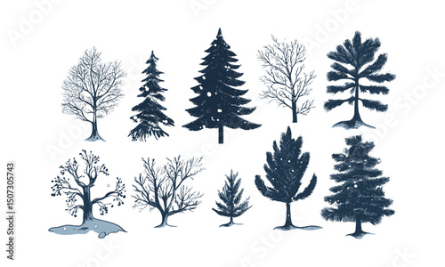 Hand-drawn fir tree vector, snow-covered forest, Arctic nature scene, seasonal wilderness, wild forest silhouette, evergreen trees, winter landscape, vector illustration, christmas tree.