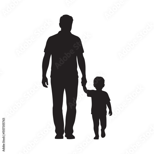 Flat black vector silhouette of a father and child walking hand in hand, back view, on white background