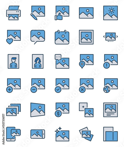 Filled blue outline icons set for Photo gallery