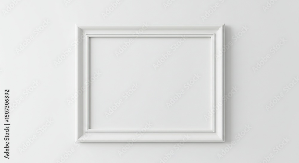 Empty white picture frame on white wall Empty white picture frame on white wall