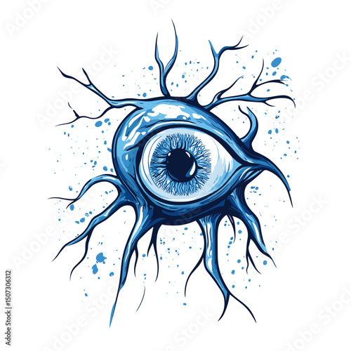 Detailed Blue Eye Surreal Art Illustration with Intricate Veins on White Backdrop for Medical Science Conceptual Design