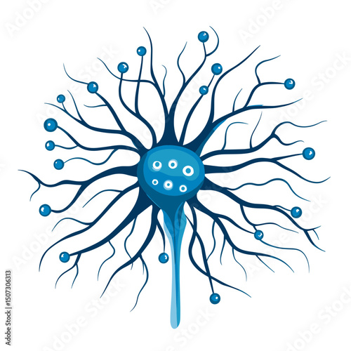 Detailed Blue Neuron Cell Illustration with Dendrites and Synapses for Medical Science Education