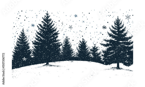 Vector illustration fir tree woodland, Scandinavian winter style, forest silhouette, wild isolated tree, engraving nature clipart, pine forest landscape, outdoor winter flora, christmas tree