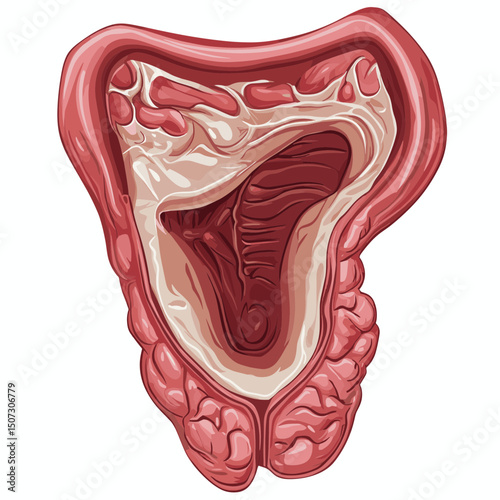 Detailed Cross Section Illustration of Human Intestine Anatomy Medical Diagram Showing Colon Structure and Tissue Layers in Neutral Background
