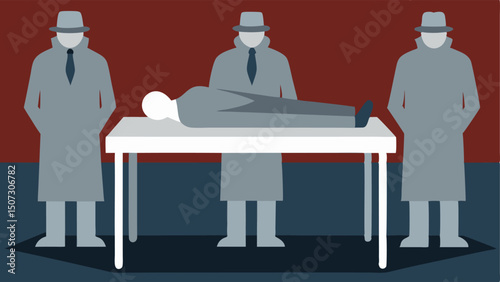 Examination Table A closeup of the examination table with a covered body. The detectives can be seen reflecting in the metallic surfaces indicating a serious atmosphere.