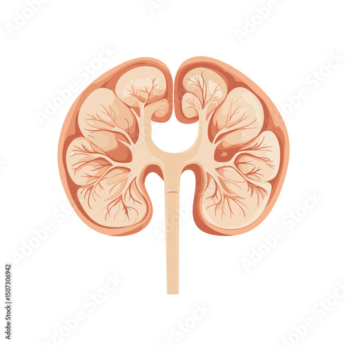 Detailed Cross Section of Human Kidney Anatomy Illustration in Beige Tones Against a White Background for Educational Medical Diagrams