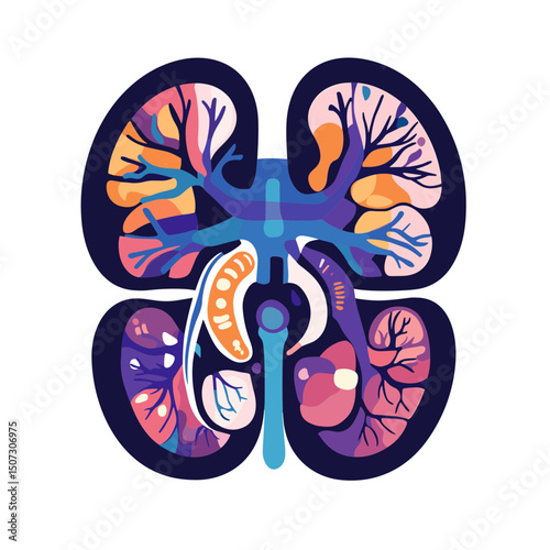 Detailed Cross Section of Human Kidneys in Multicolor Anatomical Illustration of Organ Structure with Violet Blue and Orange Hues