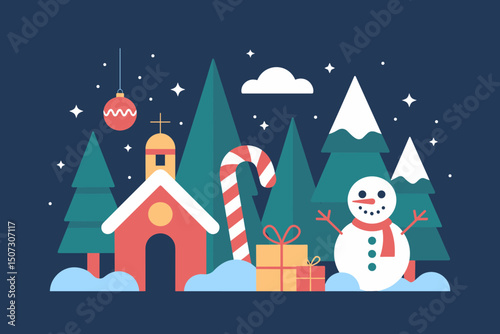 Festive Winter Holiday Scene with Christmas Decorations and Snowy Landscape  