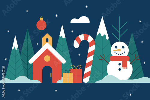 Festive Winter Holiday Scene with Christmas Decorations and Snowy Landscape  
