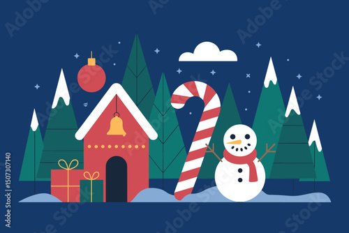 Festive Winter Holiday Scene with Christmas Decorations and Snowy Landscape  