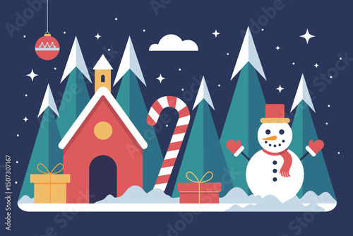 Festive Winter Holiday Scene with Christmas Decorations and Snowy Landscape  