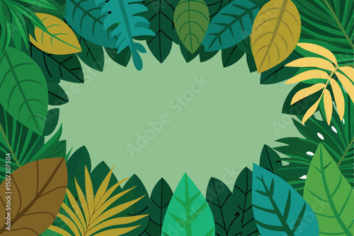 Lush Tropical Foliage Border: A Vibrant Jungle Leaf Design for Text or Graphic Overlays with Dynamic Color Palette.                                   