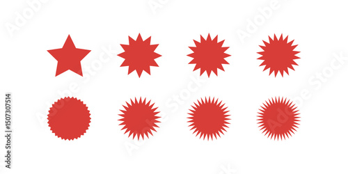 Set of red starburst, sunburst badges. Sunburst promotion tag, bursting sticker promo badges.  Design elements - best for sale sticker, price tag, quality mark.