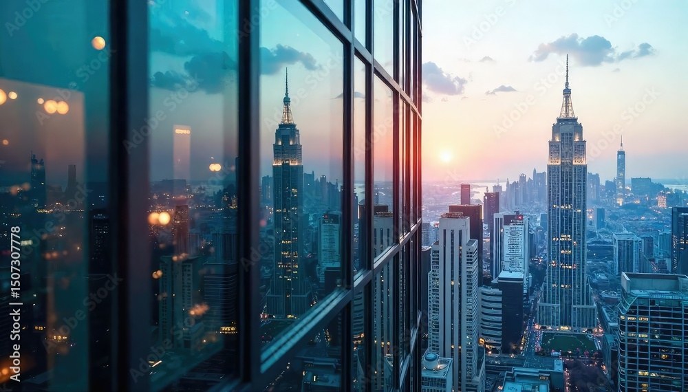 Obraz premium A sleek, modern cityscape reflecting in a glass skyscraper window, symbolizing corporate success and innovation The image evokes ambition, growth, and technological advancement , metropolis, design