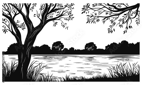 Wetland forest seasonal art, floodplain ash tree silhouettes, rainy riverbank illustration, lowland leaf clipart, engraved nature pack, vector illustration, river ecosystem, natural environment.