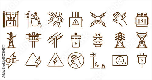 Energy and Electricity Icon Set – High Voltage and Grid Symbols