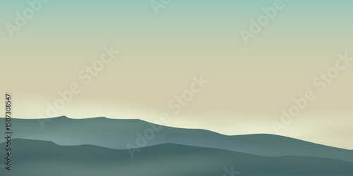 the silhouette of mountain ranges against a light sky, during dawn or sunset. Dark silhouettes of hills are visible in the foreground, and then layers of mountains stretch out, disappearing into a lig