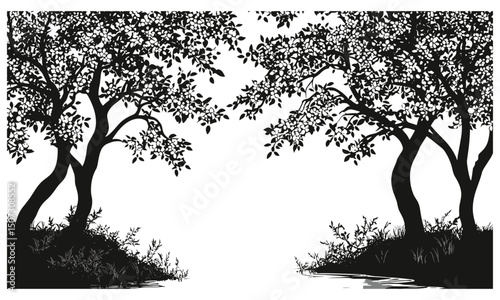 Misty Forest Scene with Dogwood Tree Silhouettes, foggy creek river, quiet canopy, engraved floral branch vector illustration, serene nature background, peaceful woodland atmosphere.
