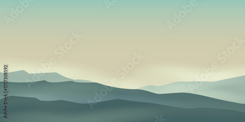 the silhouette of mountain ranges against a light sky, during dawn or sunset. Dark silhouettes of hills are visible in the foreground, and then layers of mountains stretch out, disappearing into a lig